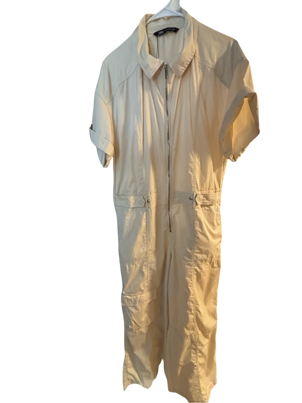 Zara Cream Beige One-Piece Utilitarian Jumpsuit 2XL